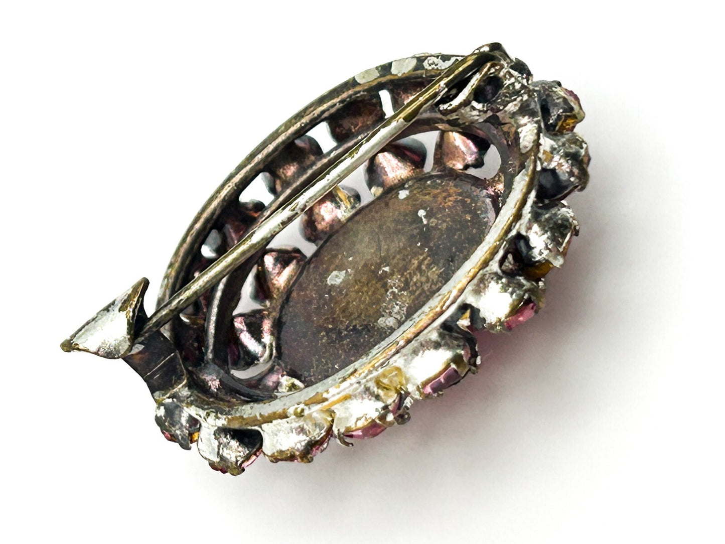 Vintage Pink Moonglow Brooch Rhinestone Halo Lucite Cabochon Pin