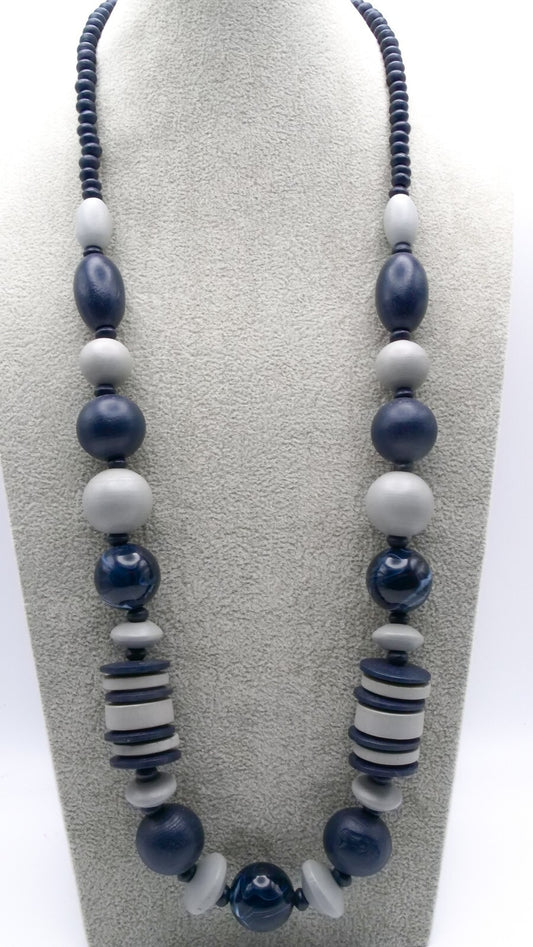 Navy & Grey Wood Bead Statement Necklace