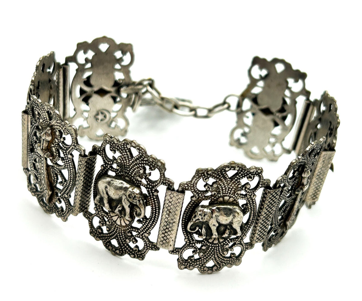 Moroccan Souvenir Silver Tone Filigree Panel Bracelet Elephant Hamsa 8.5”