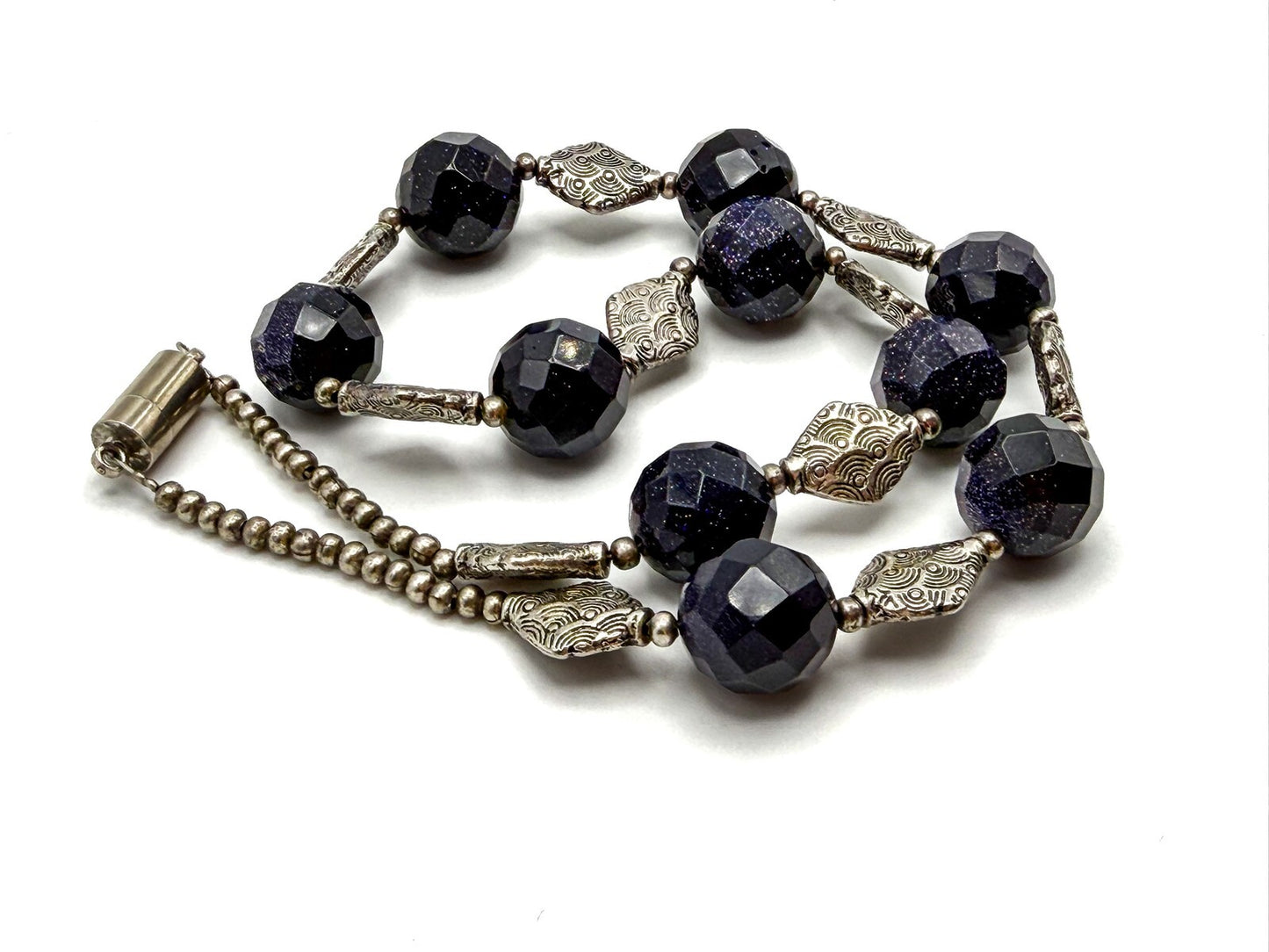 Deep Purple Sparkly Faceted Beaded Necklace with Silver Embossed Diamond Spacers