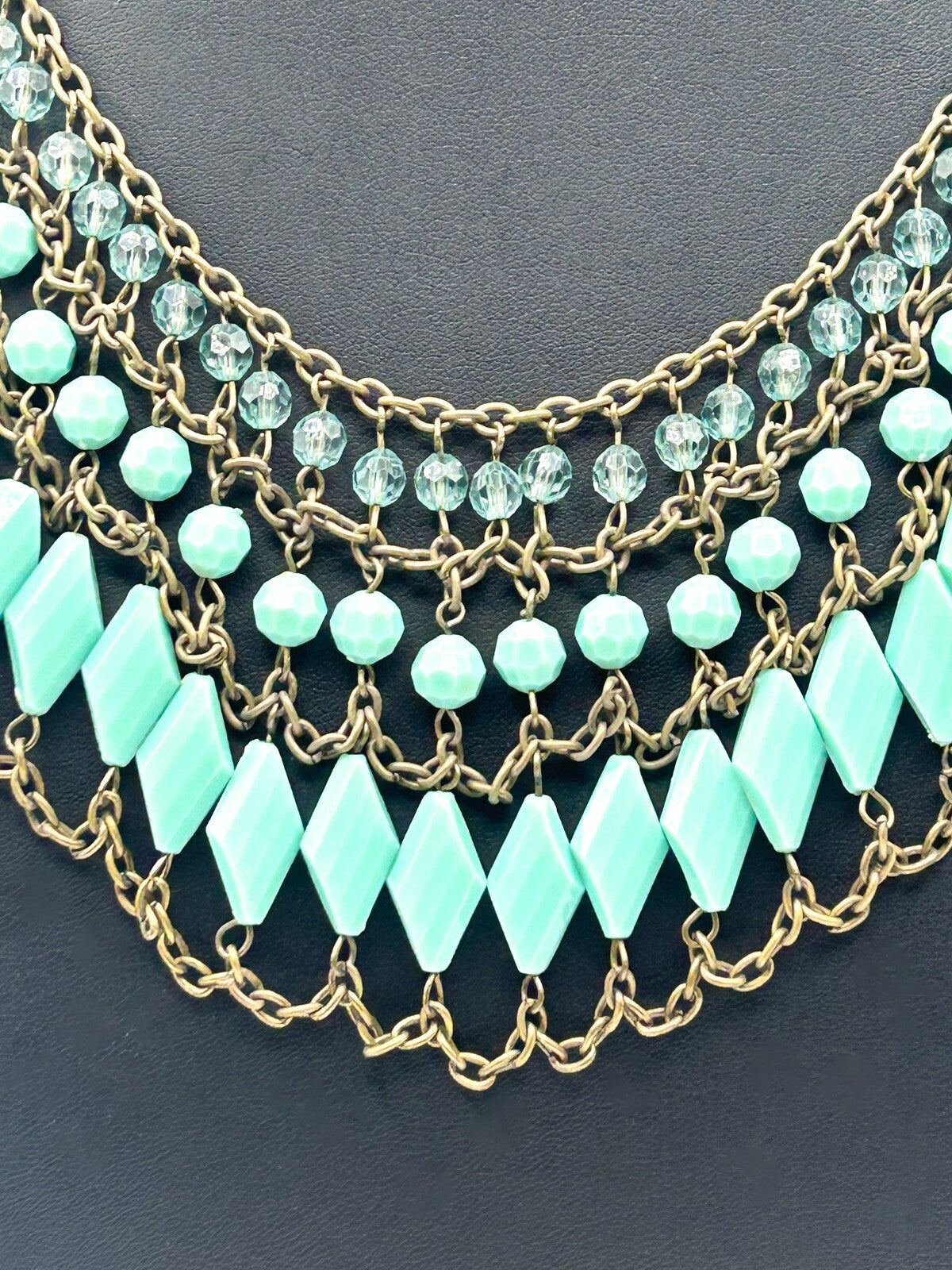 Spearmint 3 Layer Chain-Linked Art Deco inspired Statement Bib Necklace - Blue