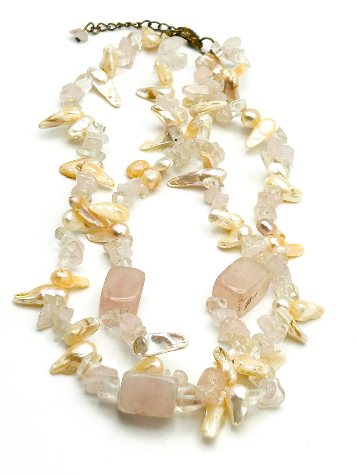 Freshwater Pearl Rose Quartz Necklace Double Strand Natural Stone Baroque Pearl