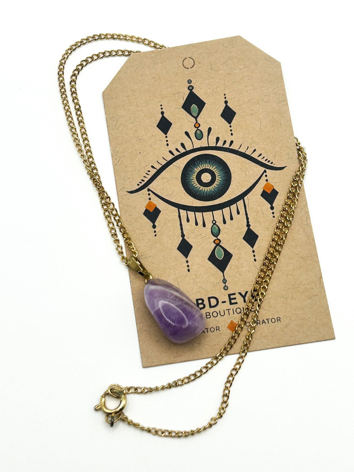 Vintage Gold Tone Chain Necklace with Tumbled Amethyst Pendant - VTG Purple Gem