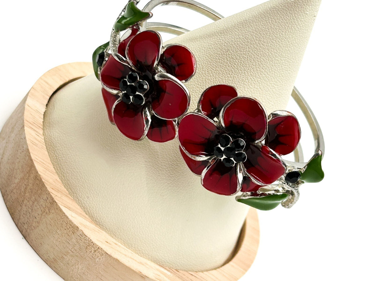 Retro Floral Enamel Bracelet Red Flower Snap Bangle Poppy Silver Tone Statement
