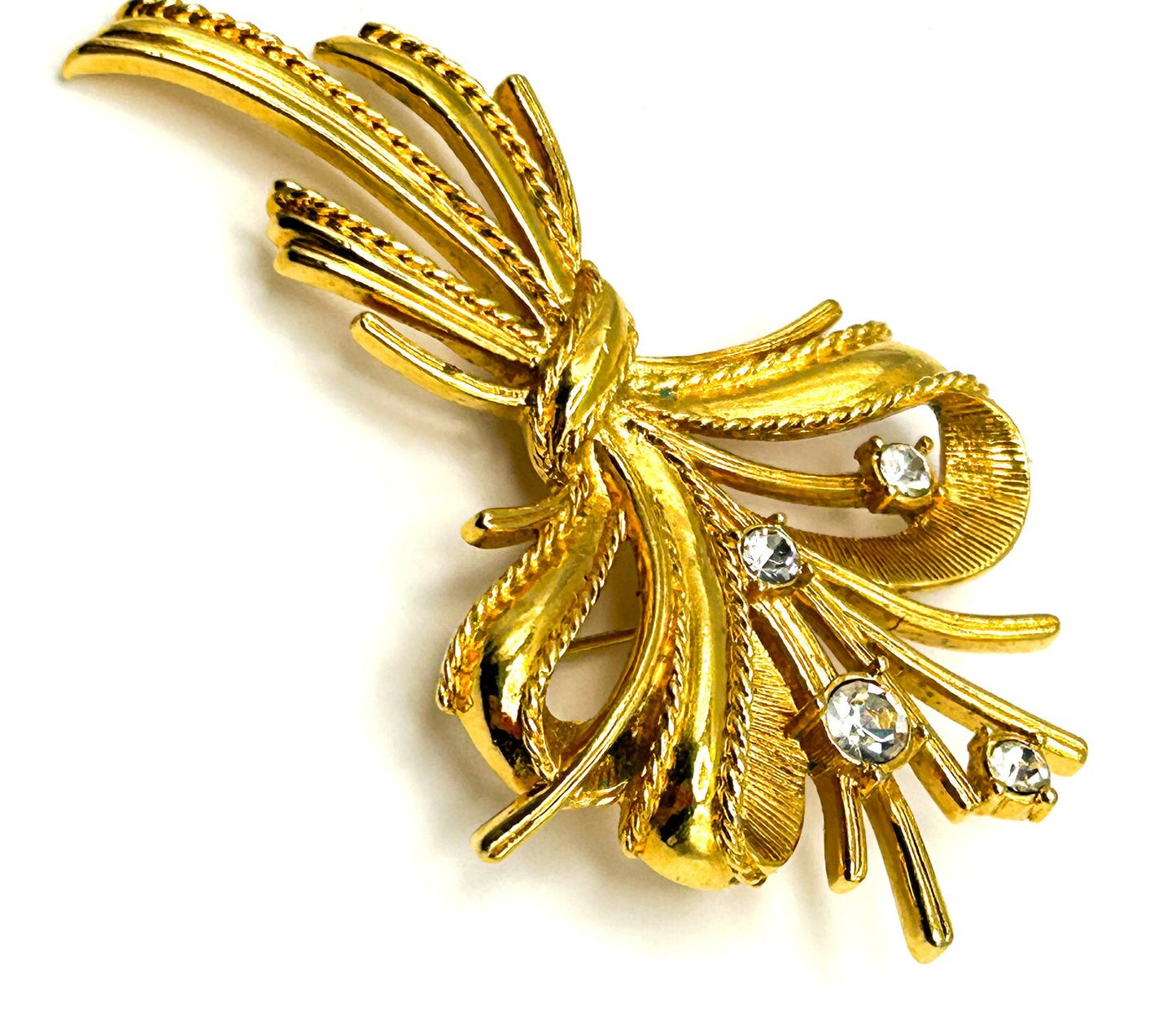 Vintage Gold Tone Ribbon Bow & Bouquet Rhinestone Brooch – 7cm