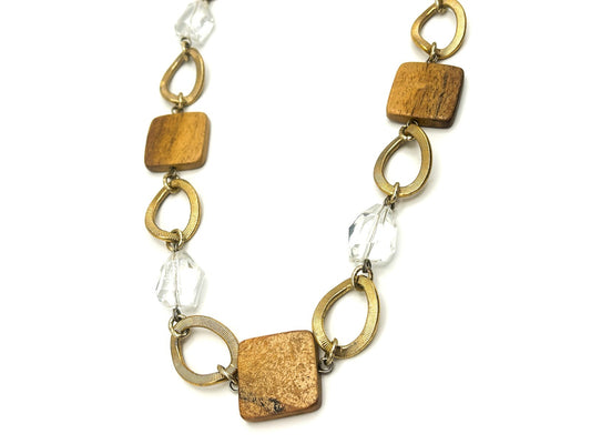 Long Linked Wood, Gold Tone & Clear Acrylic Statement Necklace