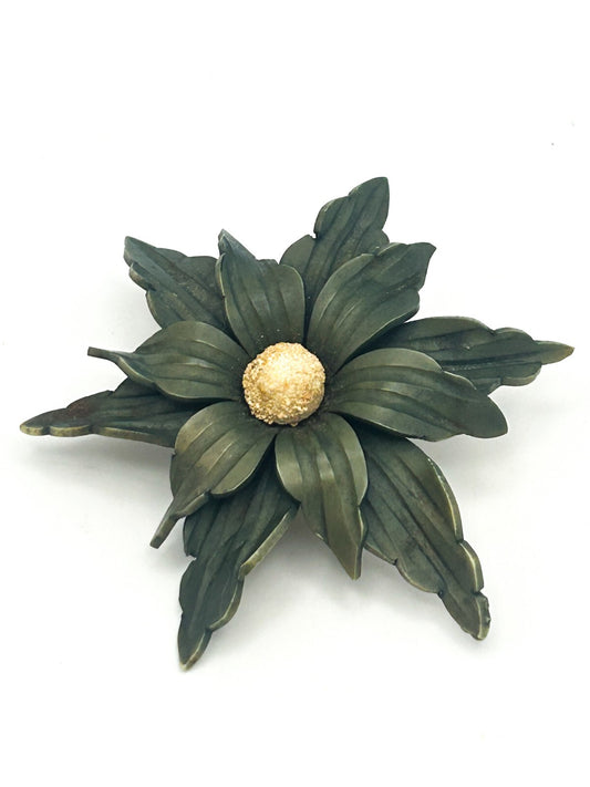 Bakelite 1930s Art Deco Green Flower Brooch Carved Floral Statement