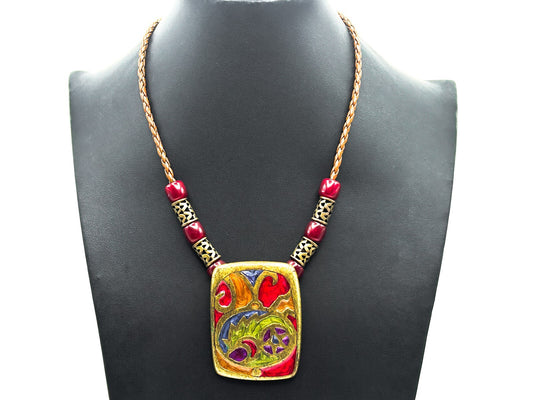 Chico’s Brass Tone Enamel Abstract Pendant Necklace on Braided Cord