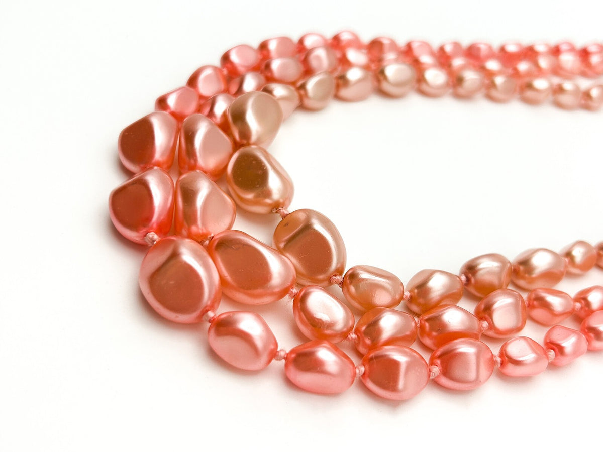 Pink Multi Strand Glass Bead Necklace Faux Pearl Graduated Retro Statement