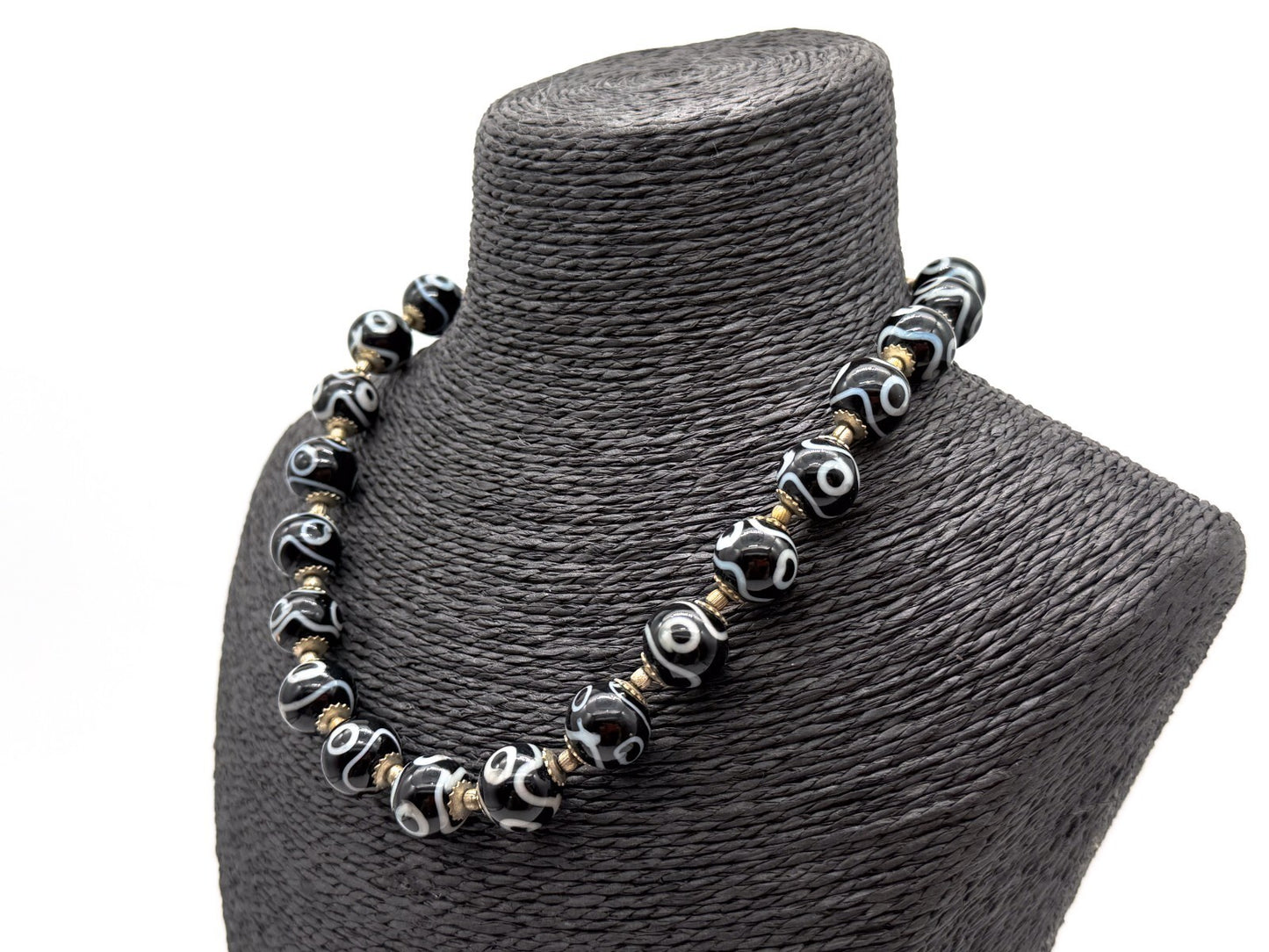 Vintage Black White Dzi Style Necklace Tibetan Bead Statement Glass 17”