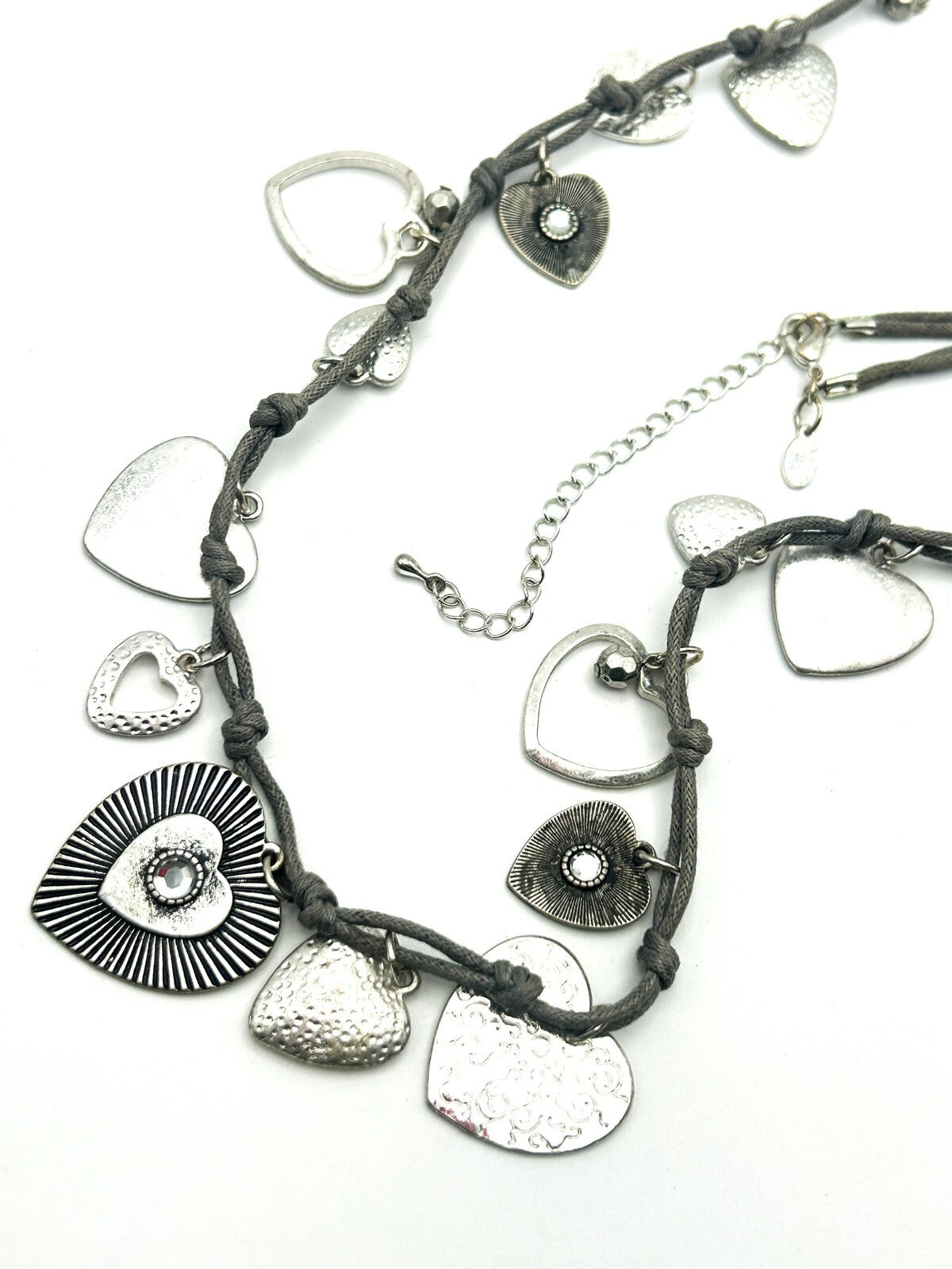 Laura Ashley Silver Tone Heart Charm Necklace on Grey Cord Love Hearts Long