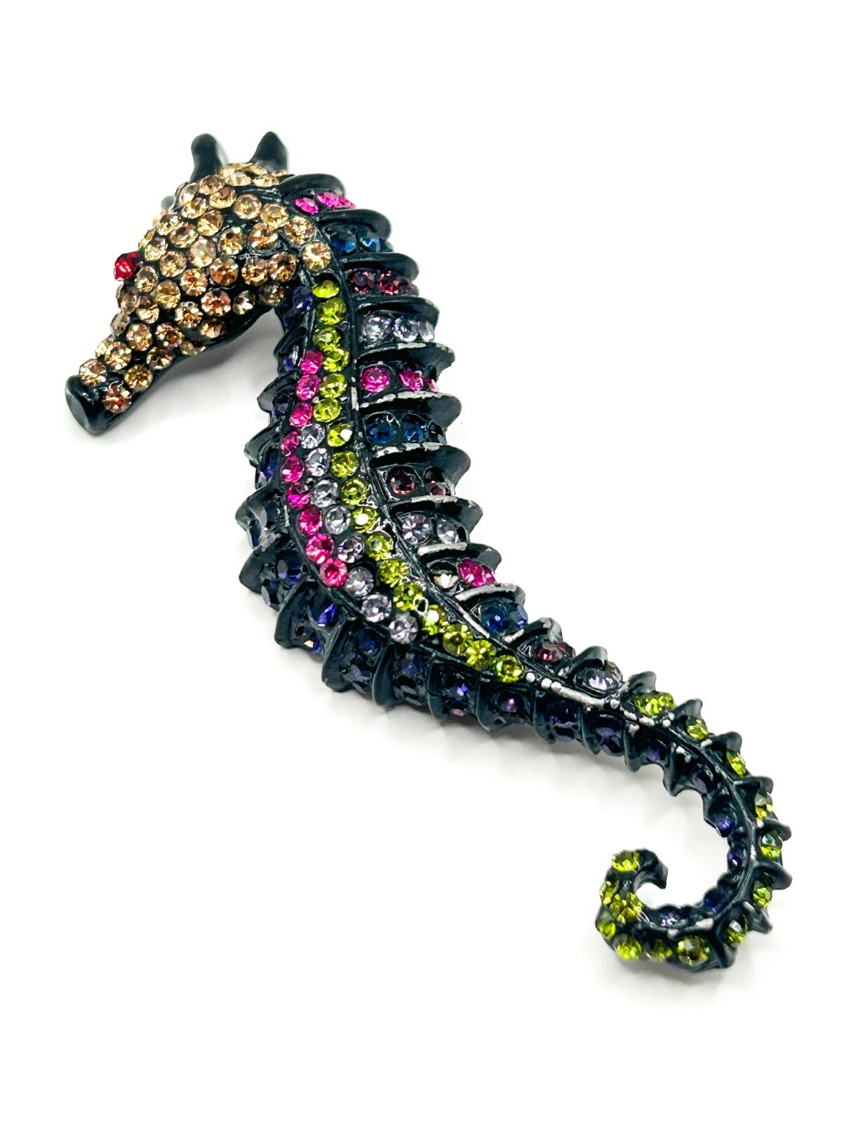 Large Rhinestone Seahorse Brooch Multicolour Figural Pendant 8.5 cm