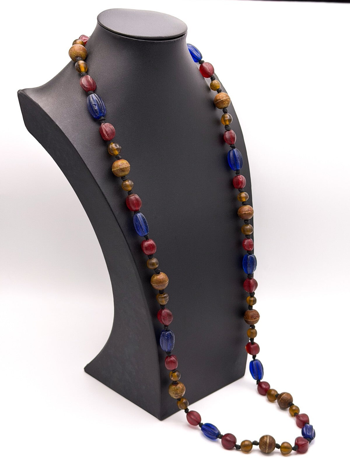 Vintage Blue, Red & Amber Frosted Glass African Trade Bead Necklace, Boho