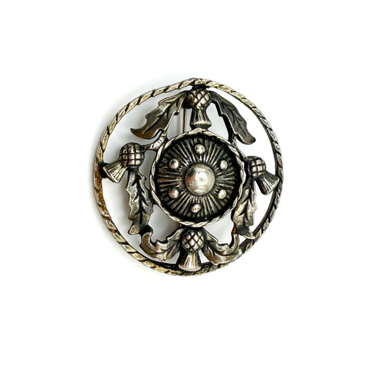 Vintage Scottish Thistle Brooch – Pewter Silver Tone Flower Round Brooch Pin