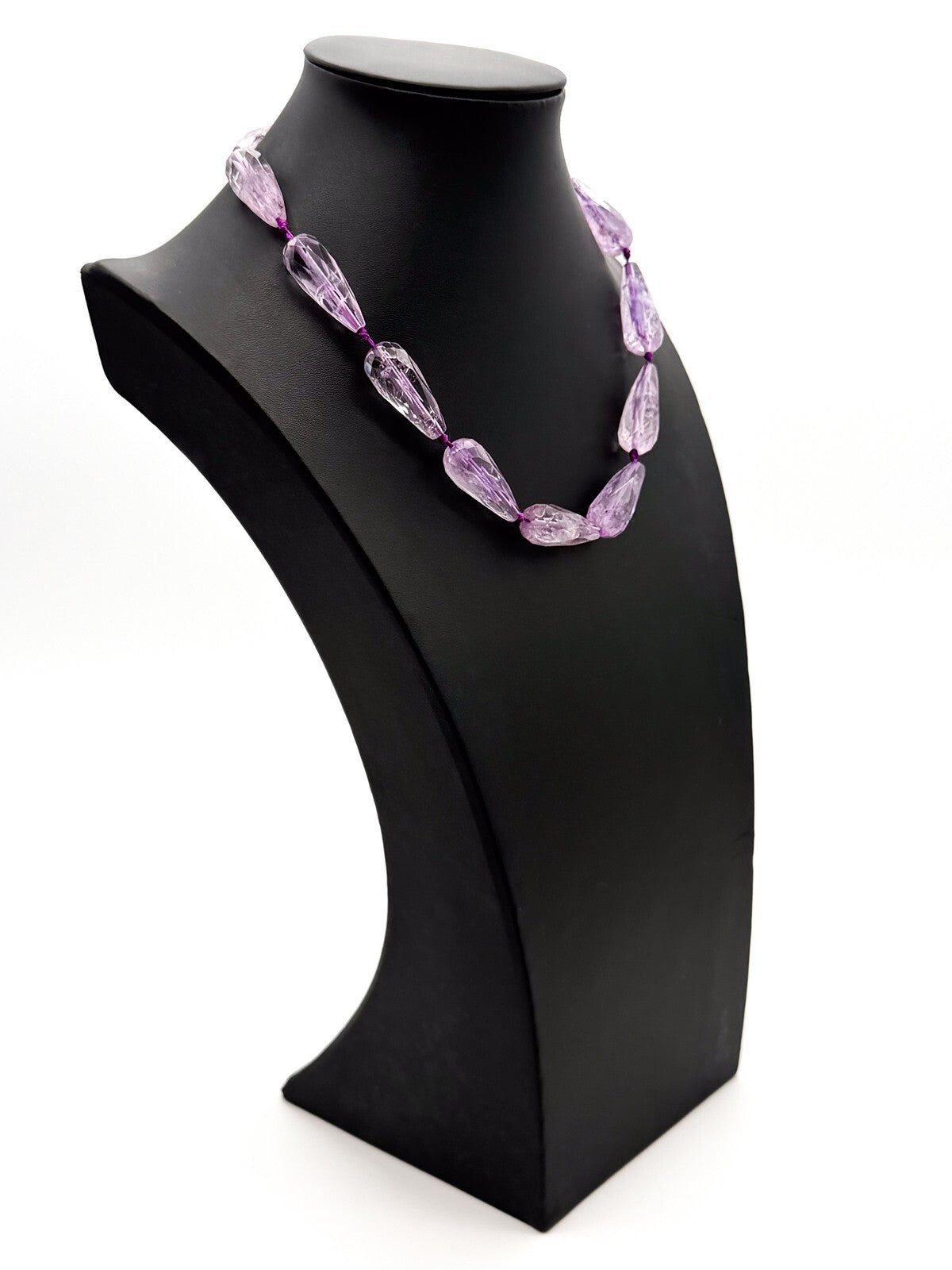Amethyst Teardrop Necklace Faceted Beads Hand Knotted 18” Statement - Purple