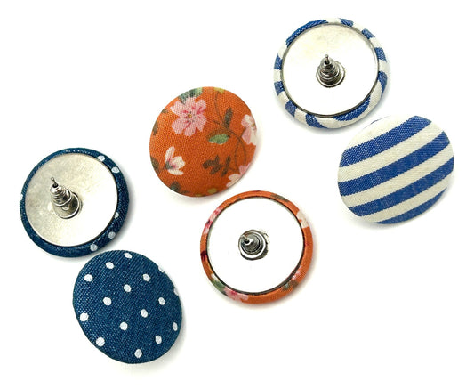 Set of 3 Fabric Stud Earrings Floral Stripe Polka Dot Button Earrings 2.5cm