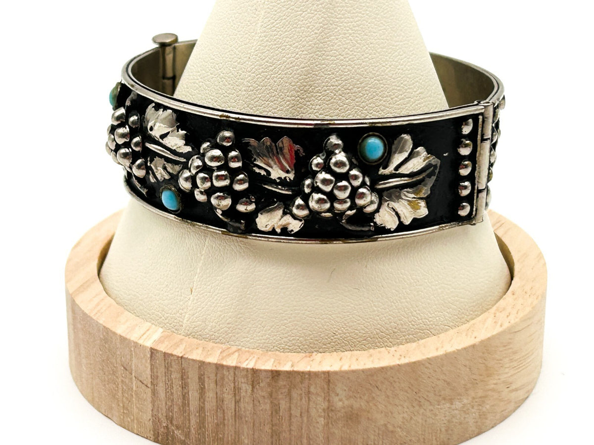 Vintage Silver Plated Grapevine Cuff Bracelet Black Japanned Bacchus Bangle