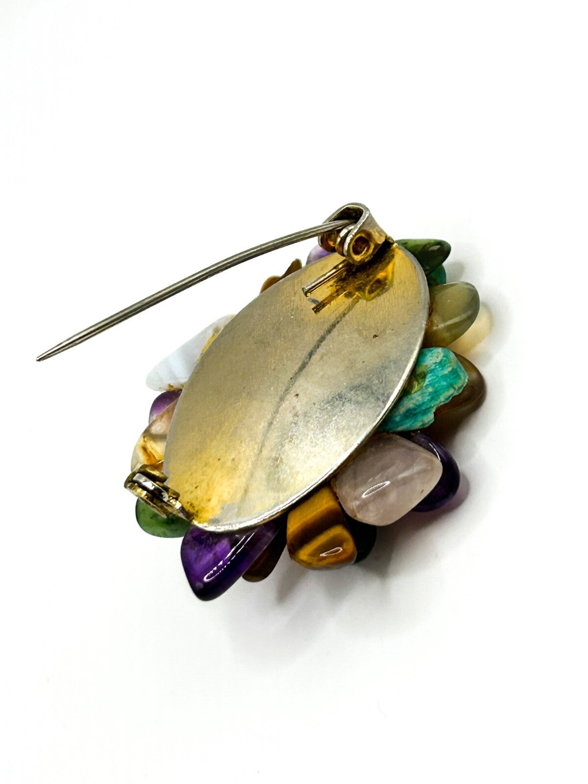 Vintage Semi Precious Gemstone Cluster Brooch Amethyst Carnelian Tigers Eye