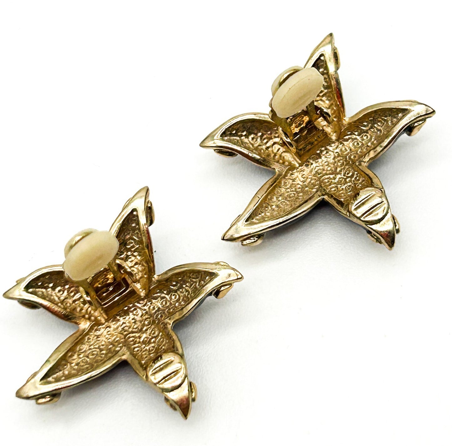 Vintage Gold Tone Cobalt Blue Enamel Starfish Earrings Clip On Retro Coastal