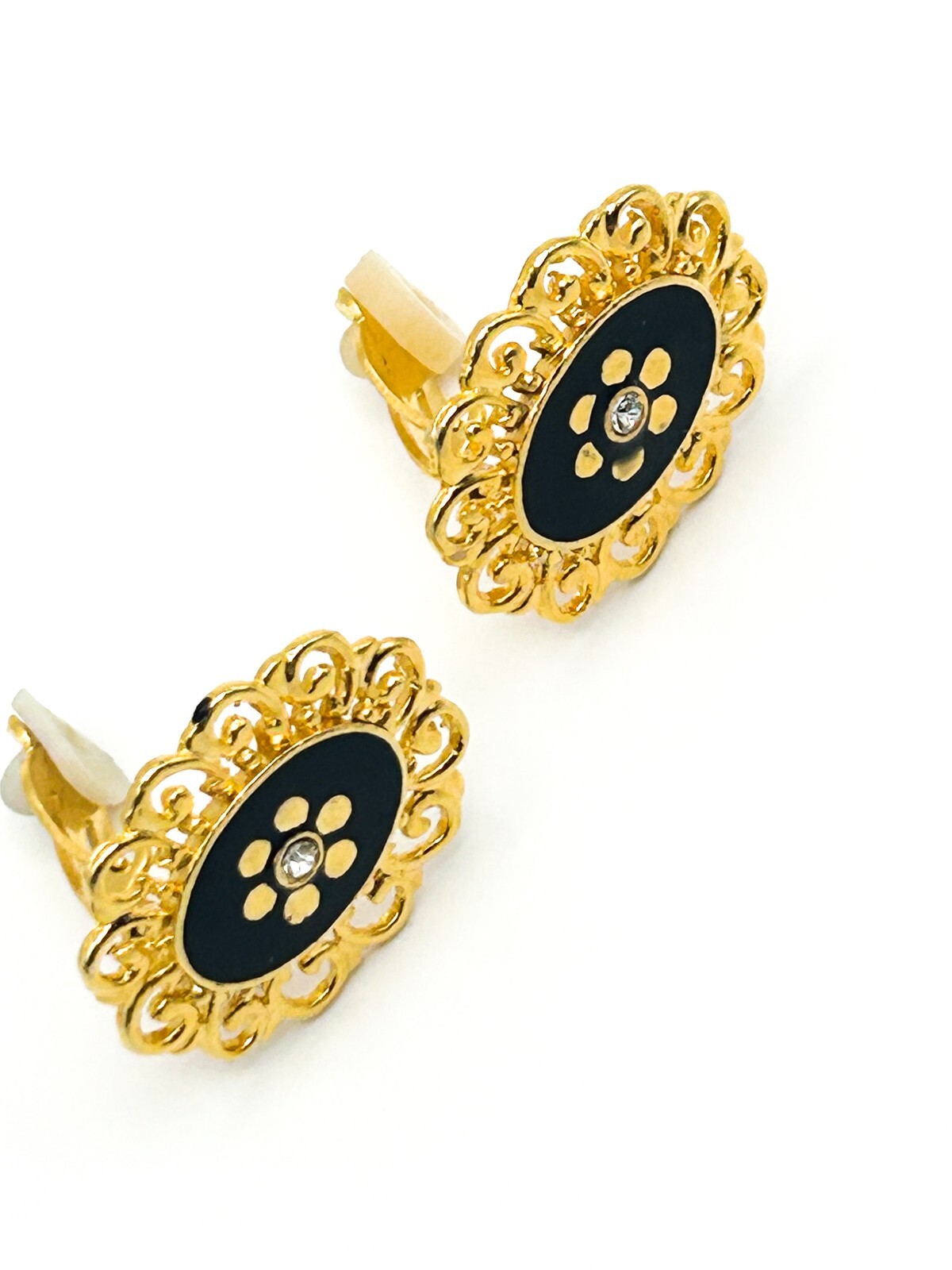 Vintage Gold Tone Black Enamel Flower Detail Clip-On Earrings
