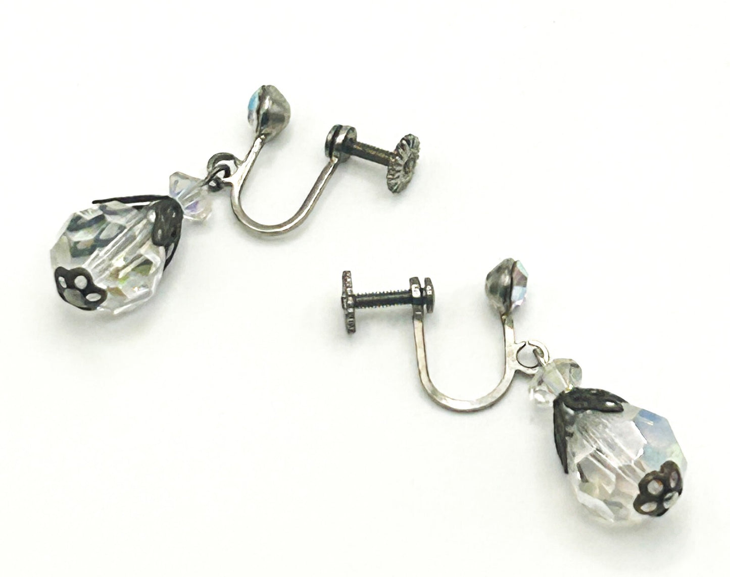 Vintage AB Crystal Glass Drop Earrings – Silver Tone Screw Back