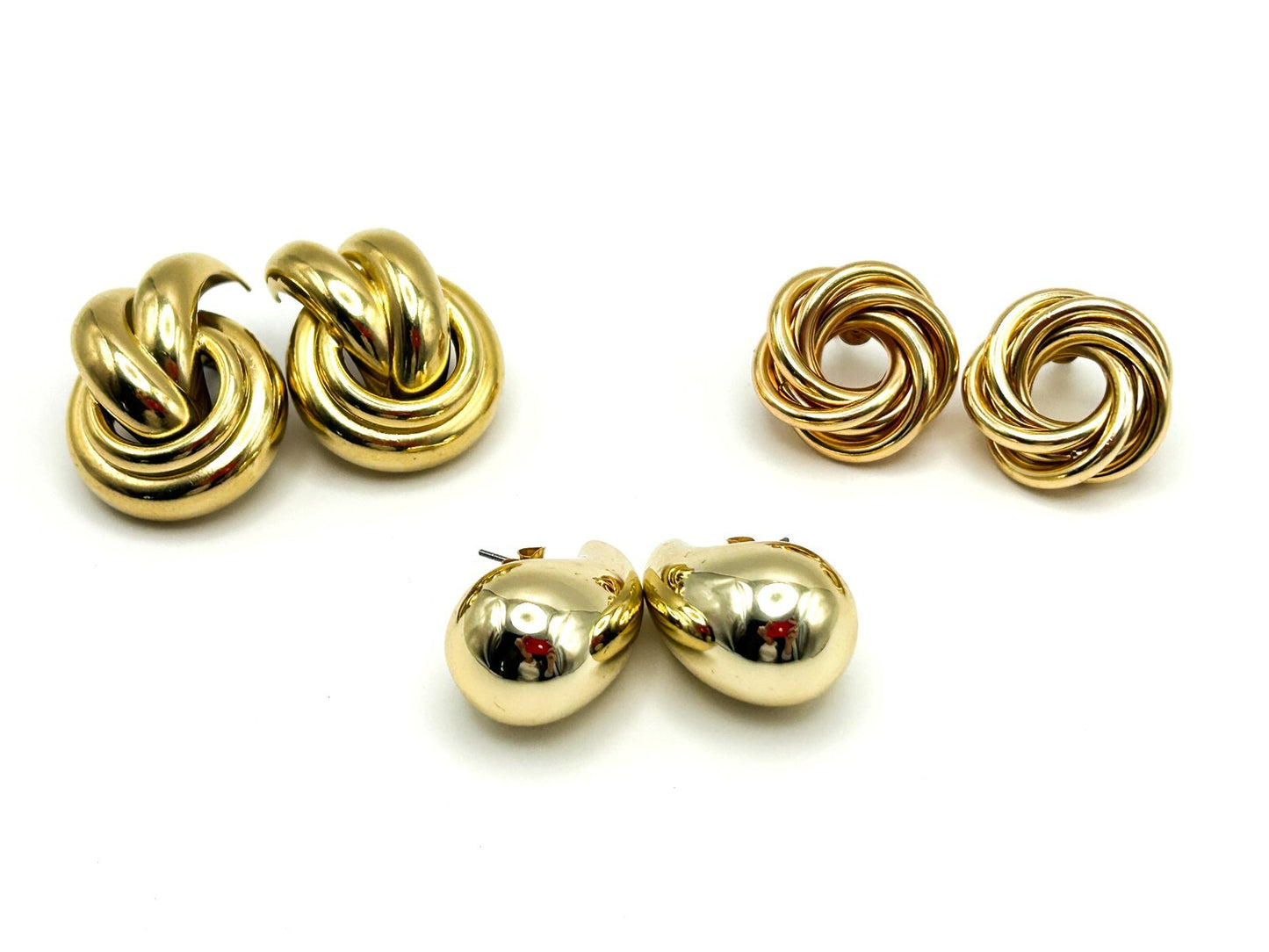 Gold Tone Statement Stud Earrings Set Knot Swirl Teardrop Trio