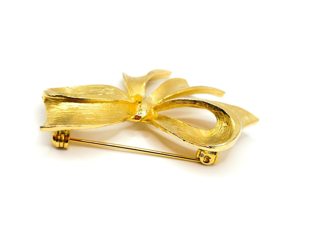 Vintage Gold Tone Bow Brooch Brushed Textured Ribbon Statement Pin 5cm