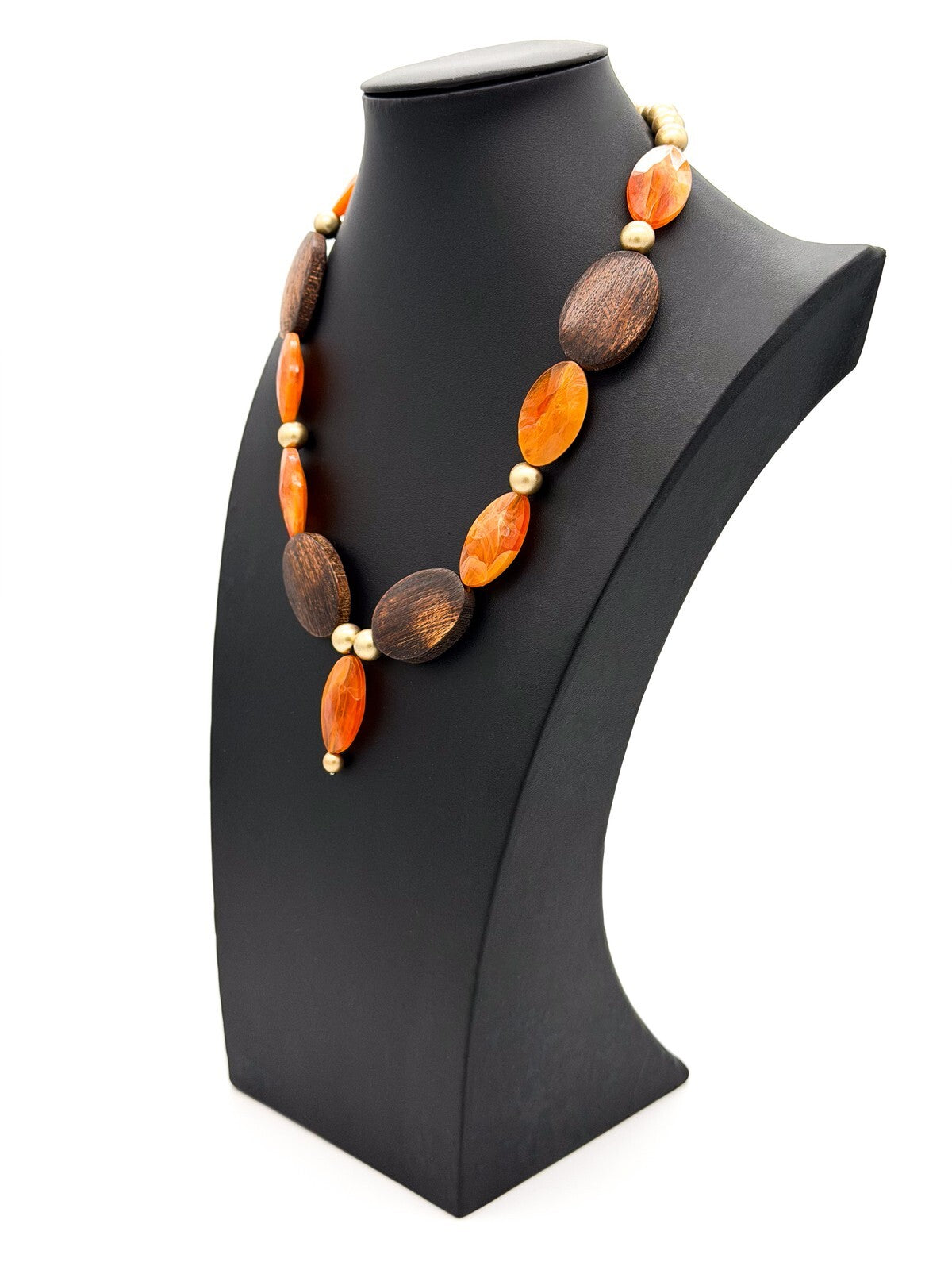 Marbled Orange Acrylic & Wooden Bead Statement Necklace with Gold Tone Spacers