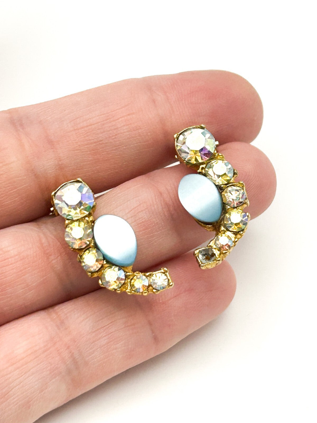 Vintage Blue Thermoset and Aurora Borealis Rhinestone Clip On Earrings