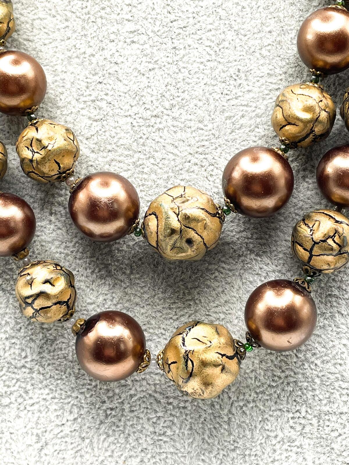 Bronze Tone Double-Strand Faux Pearl and Bead Necklace