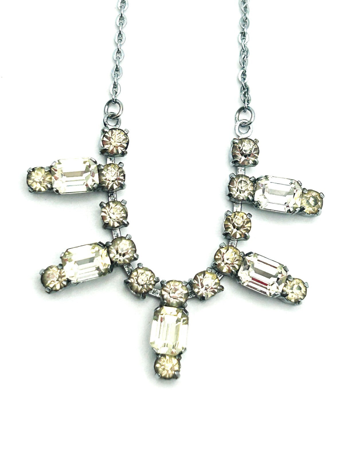 Vintage Silver Tone Rhinestone Drop Necklace with Articulated Glass Crystal