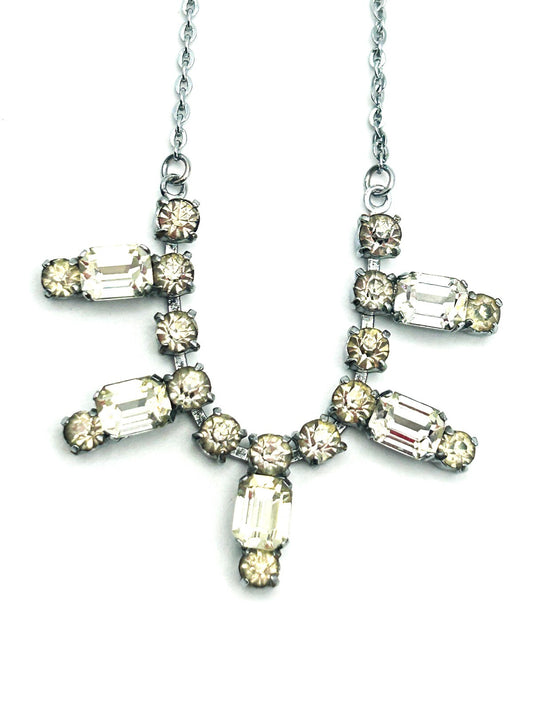 Vintage Silver Tone Rhinestone Drop Necklace with Articulated Glass Crystal