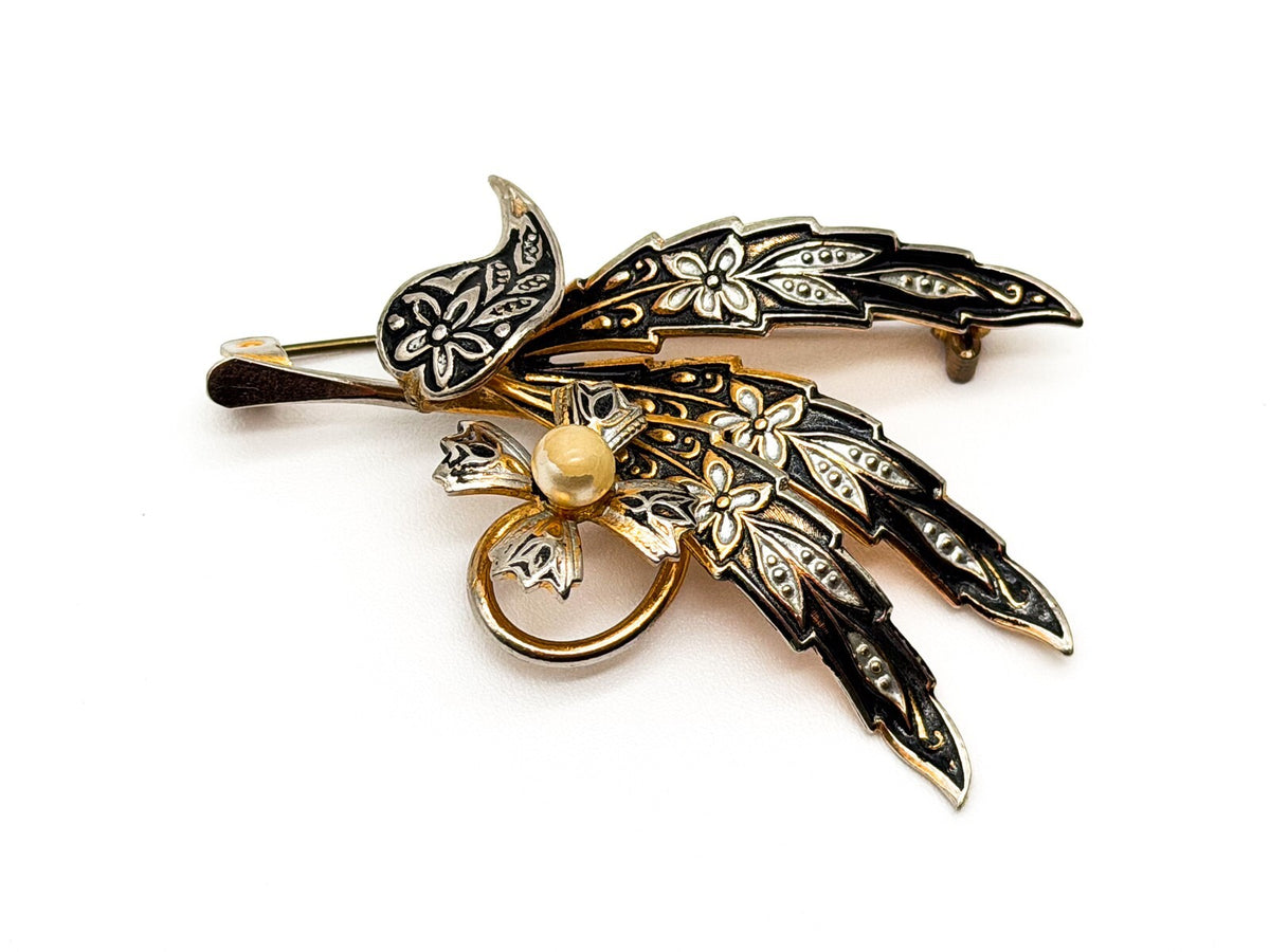 Toledo Damascene Leaf Brooch Gold Inlay Floral Vintage Spanish Pin 5.5cm