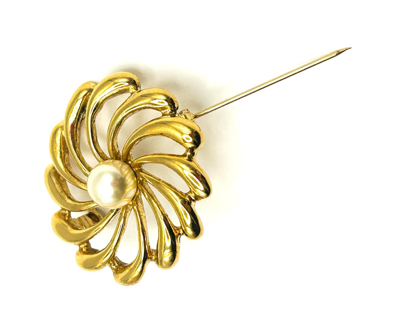 Gold Tone Spiral Flower Brooch with Faux Pearl Centre