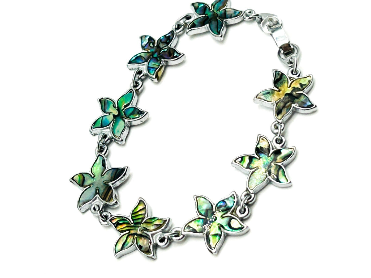 Abalone Shell Flower Bracelet Silver Tone Floral Link Bracelet 6.5”