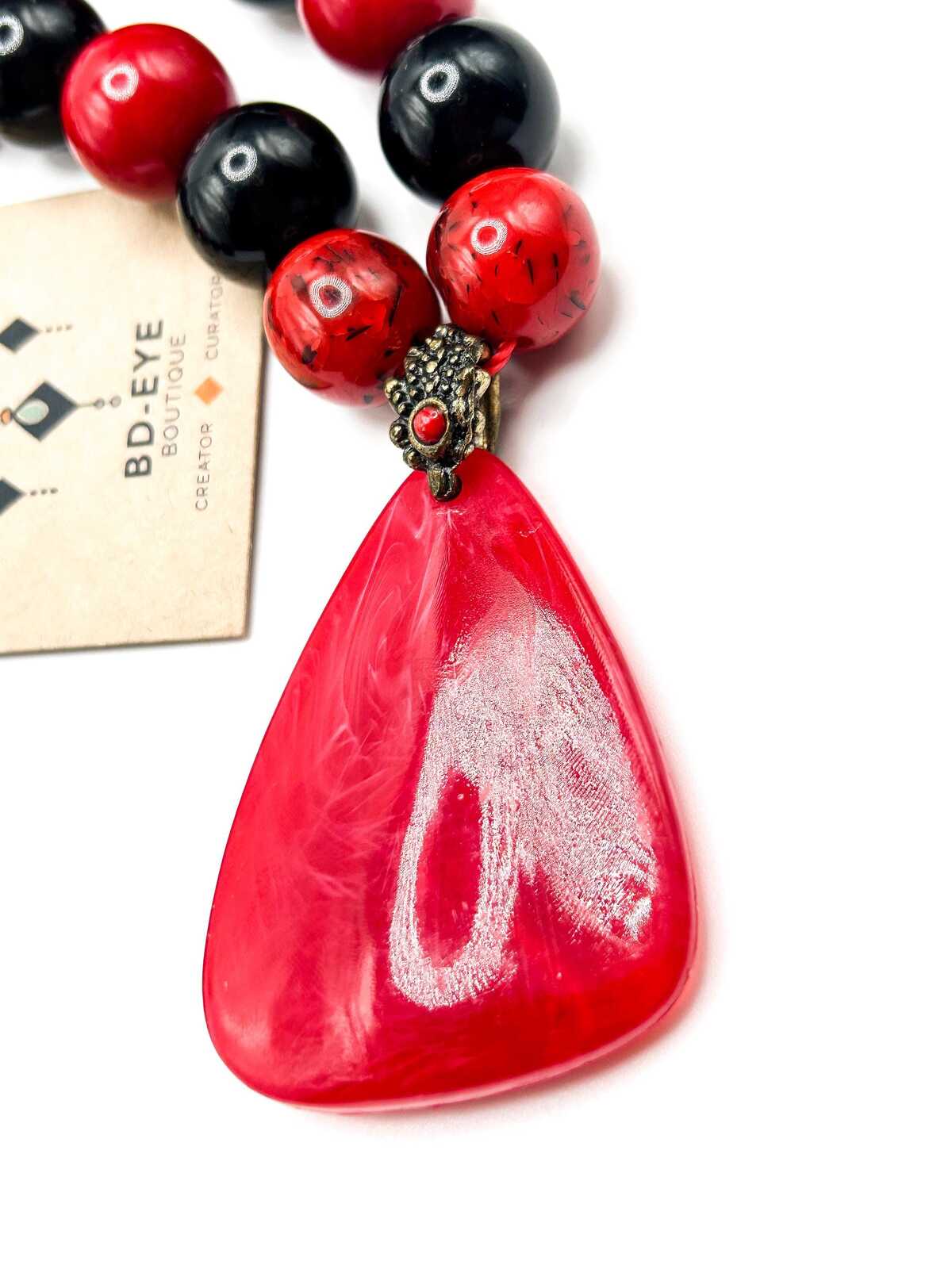 Vintage Red and Black Beaded Pendant Necklace