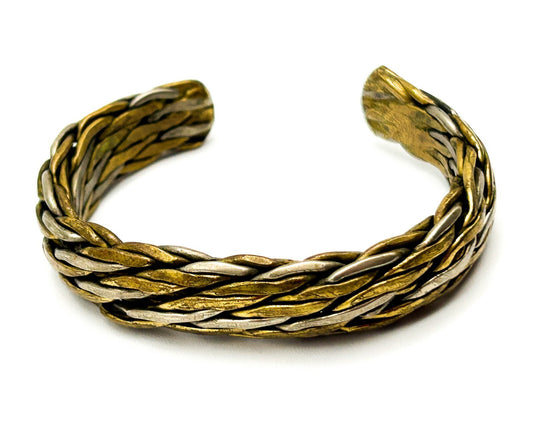 Vintage Braided Mixed Metal Chunky Cuff Bracelet Brass Silver Tone 60s-70s Retro