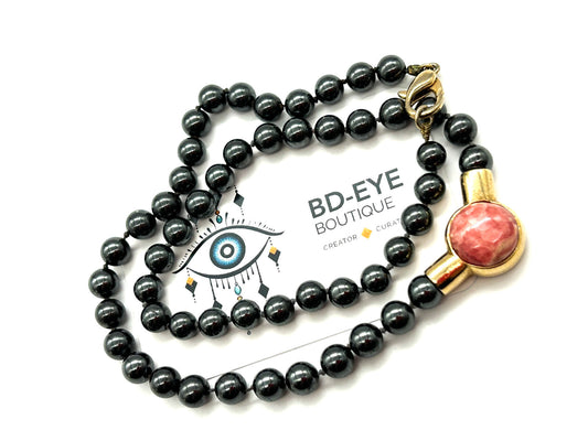 Vintage Hematite Pink Jade Necklace Hand Knotted Gemstone Beads Gold Tone 19”
