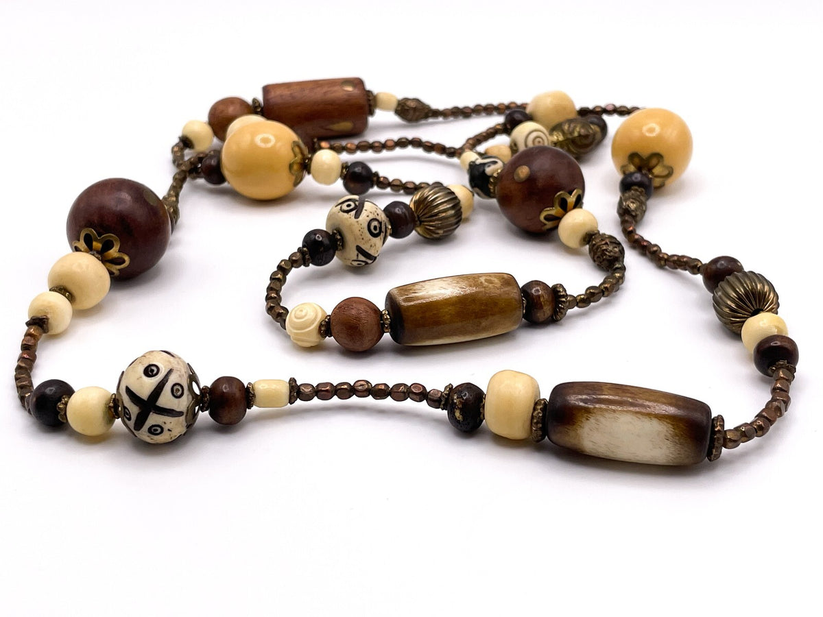 Vintage Graduated Wood & carved painted Organic material Beaded Necklace Boho