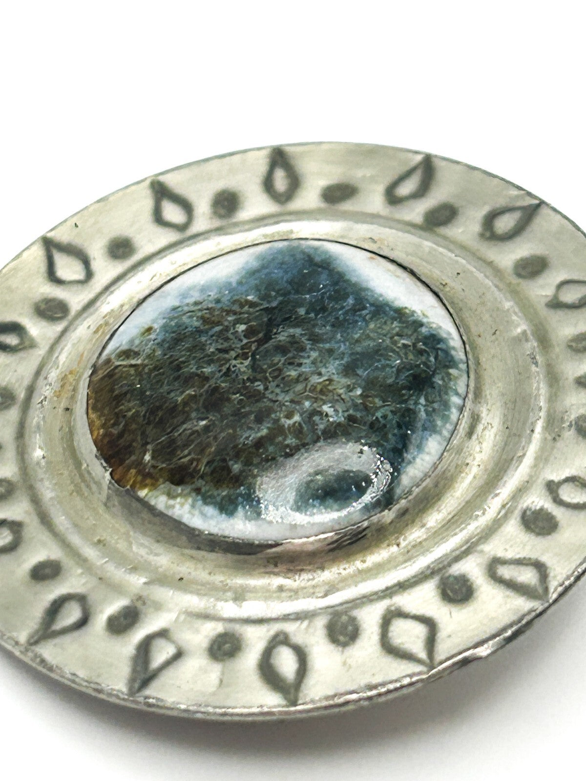 Carol Black Brooch Ceramic Centre Silver Tone Round Artisan Pin