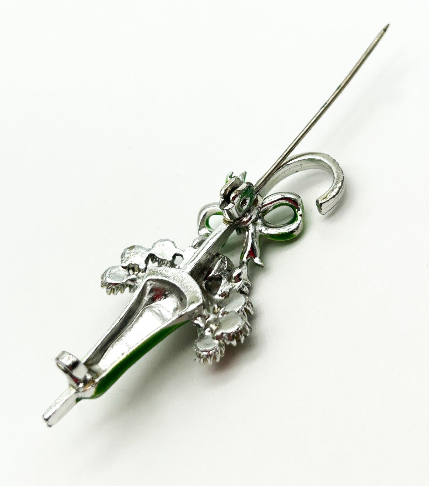 Vintage Green Enamel & Rhinestone Parasol Umbrella Brooch Multicolour Retro Bow