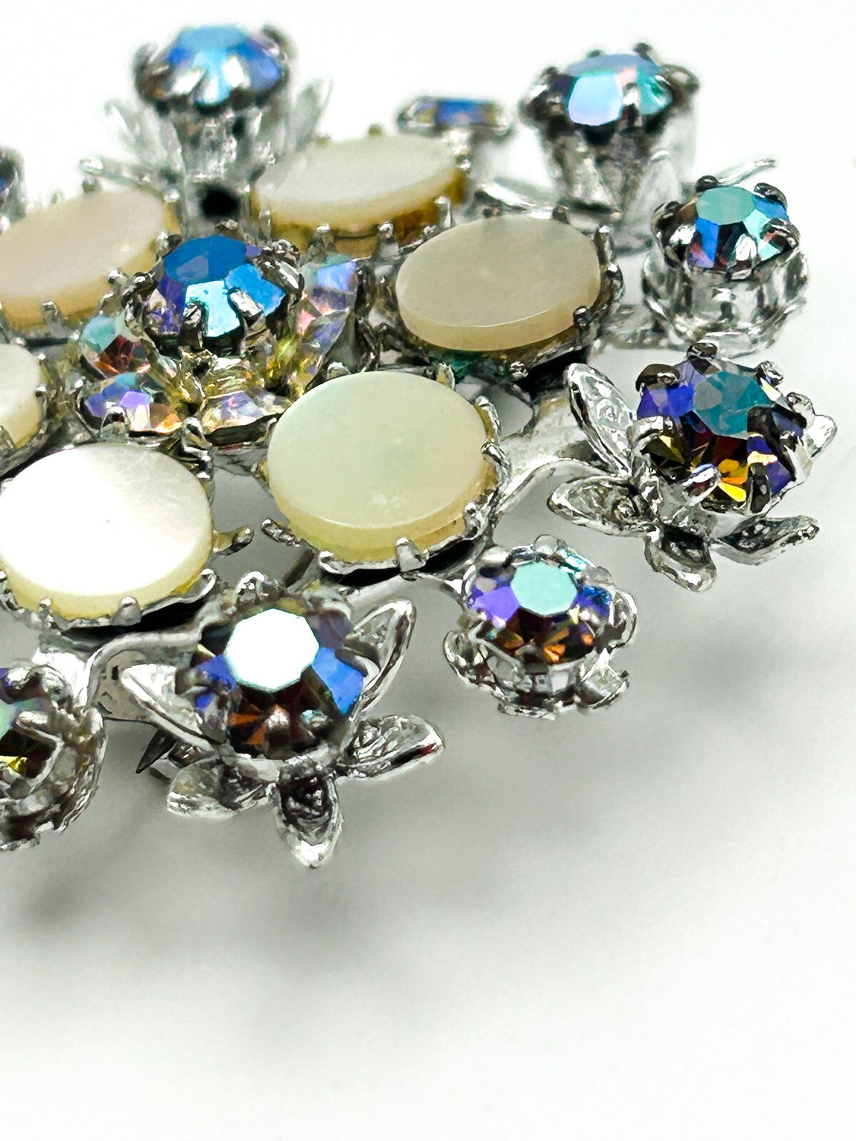 AB Rhinestone Cluster Brooch Mother of Pearl Silver Tone Pin
