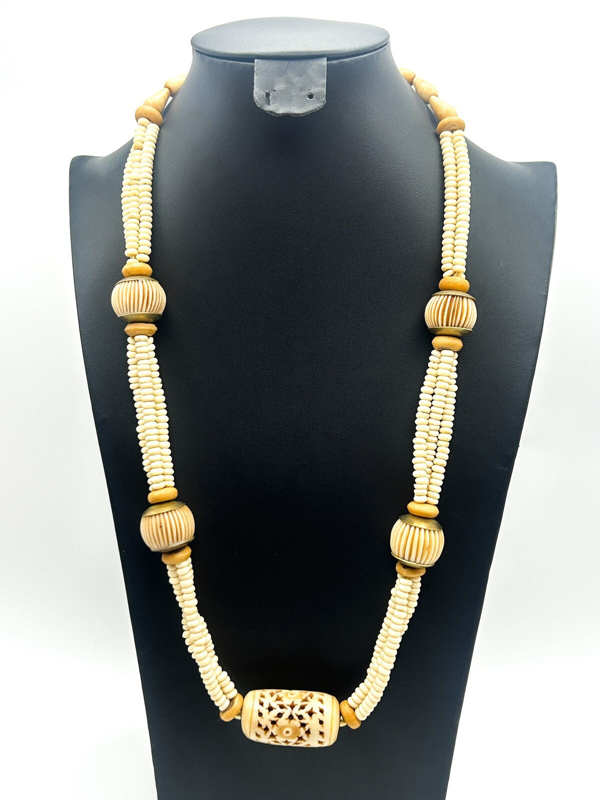 Vintage Carved Organic Material Triple Strand Necklace (Late 1970s–Early 1980s)