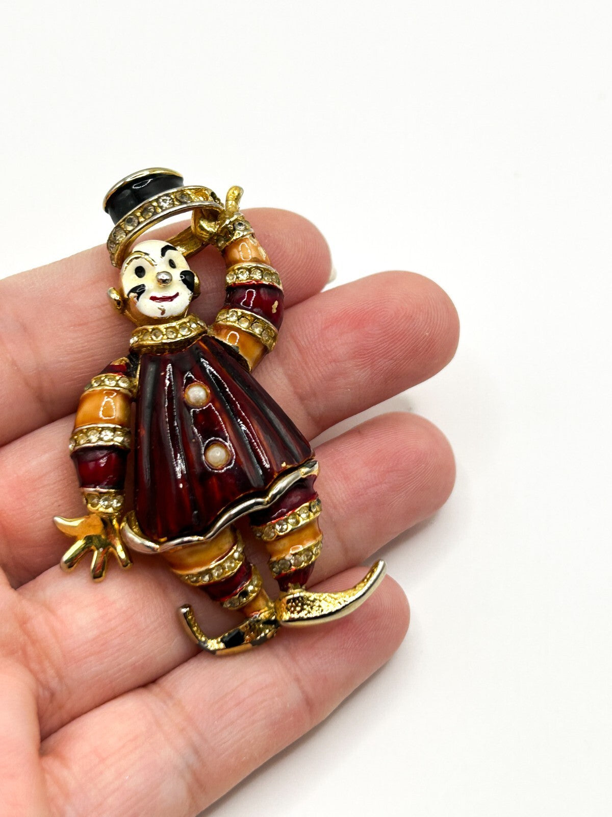Vintage Enamel Jester Clown Brooch Rhinestone Figural Gold Tone 5.5cm