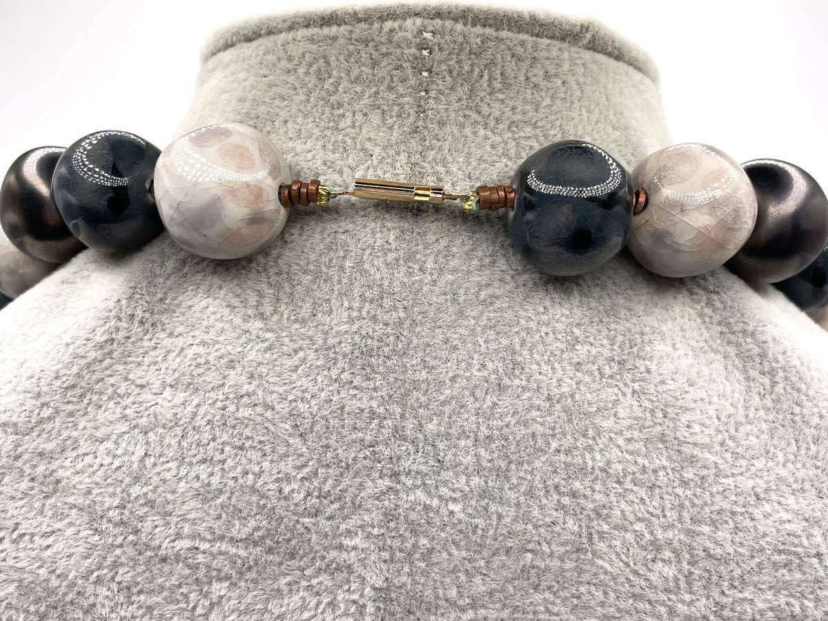 Pinky-Grey Ceramic and Acrylic Vintage Beaded Necklace