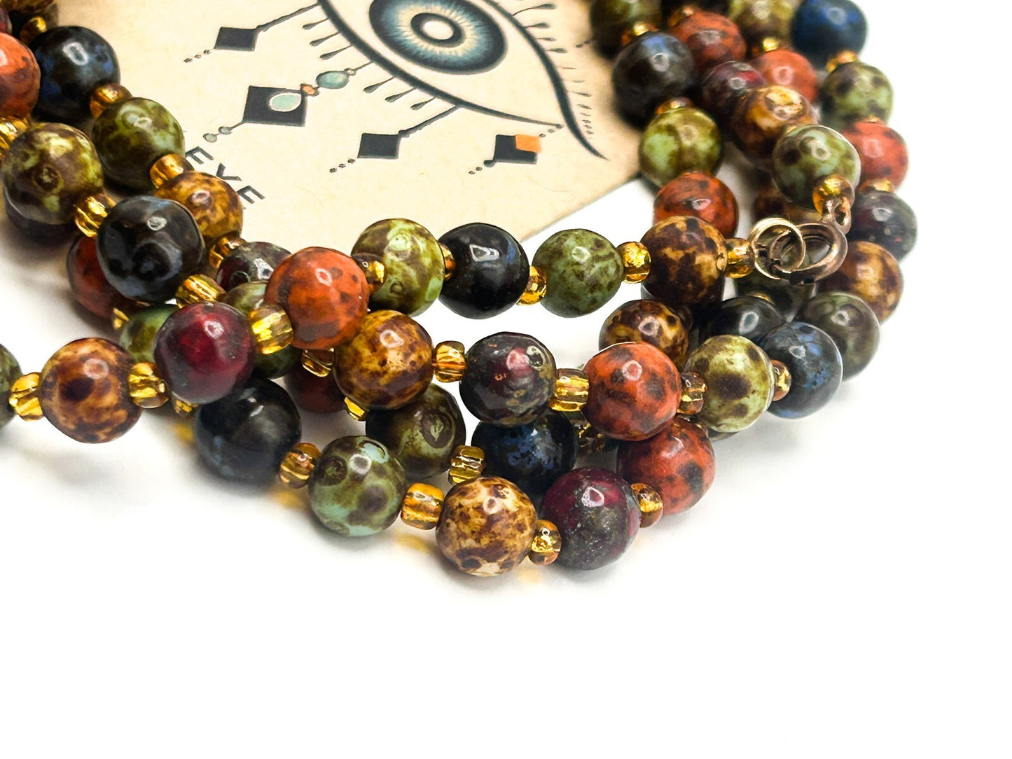 Vintage Mottled Glass Bead Necklace – Green, Orange, Brown & Mustard