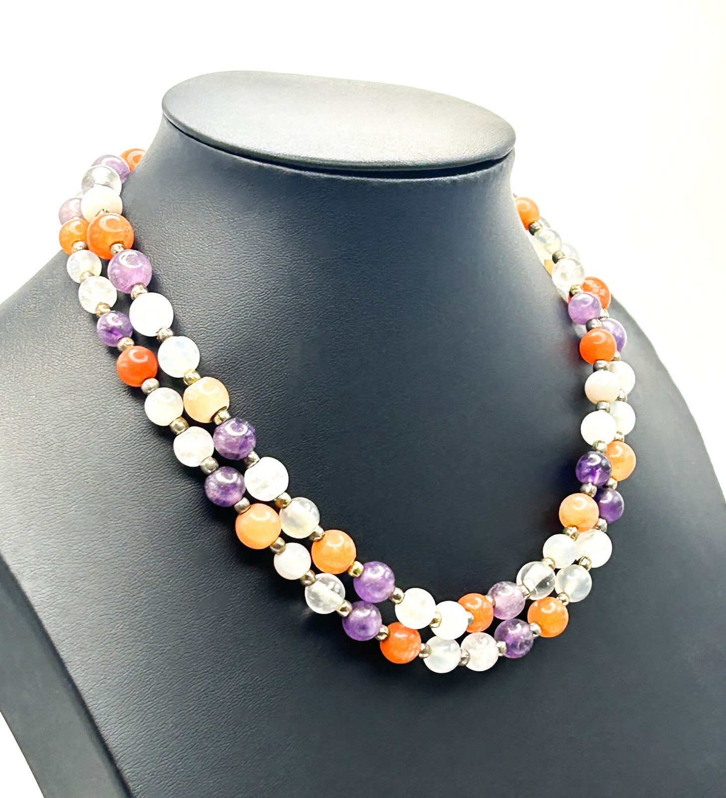 Vintage Carnelian, Amethyst & Quartz Gemstone Bead Necklace – 15” Orange Purple
