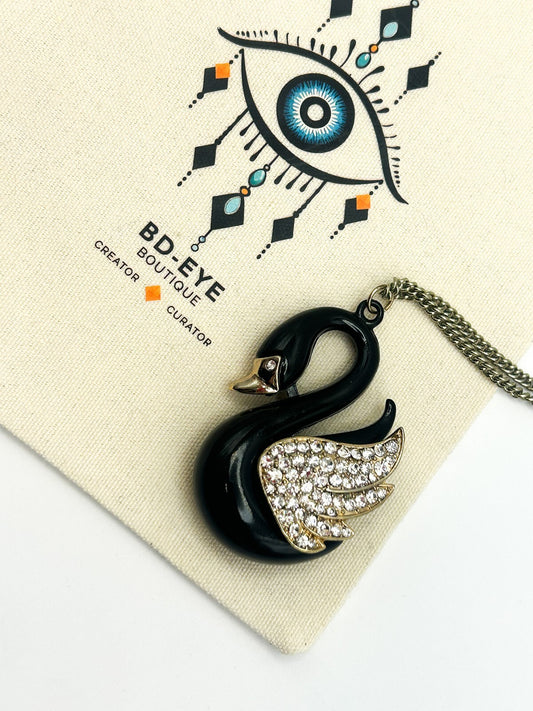 Black, Gold & Rhinestone Swan Pendant Necklace on Gold Tone Chain