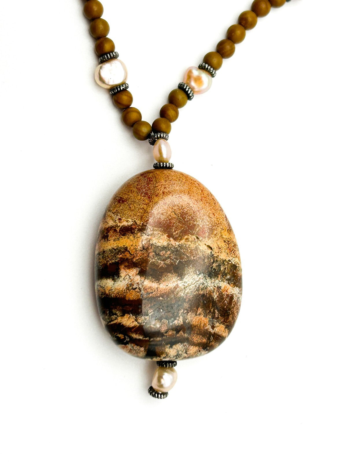 Jasper Pendant Necklace Natural Stone Brown Beaded Freshwater Pearl Earthy 19.5”