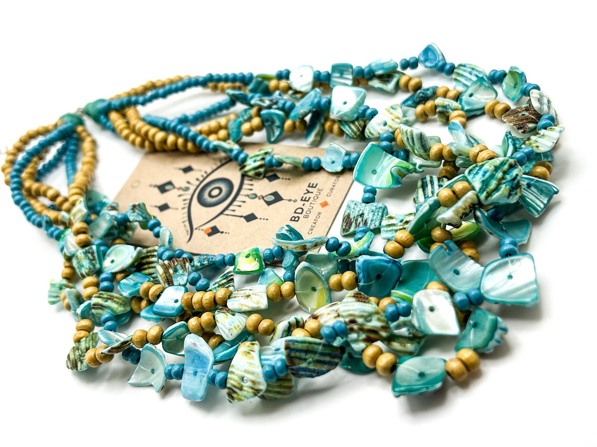 Layered Blue Shell and Wood Multi-Strand Necklace - Boho Sea Beach Surf